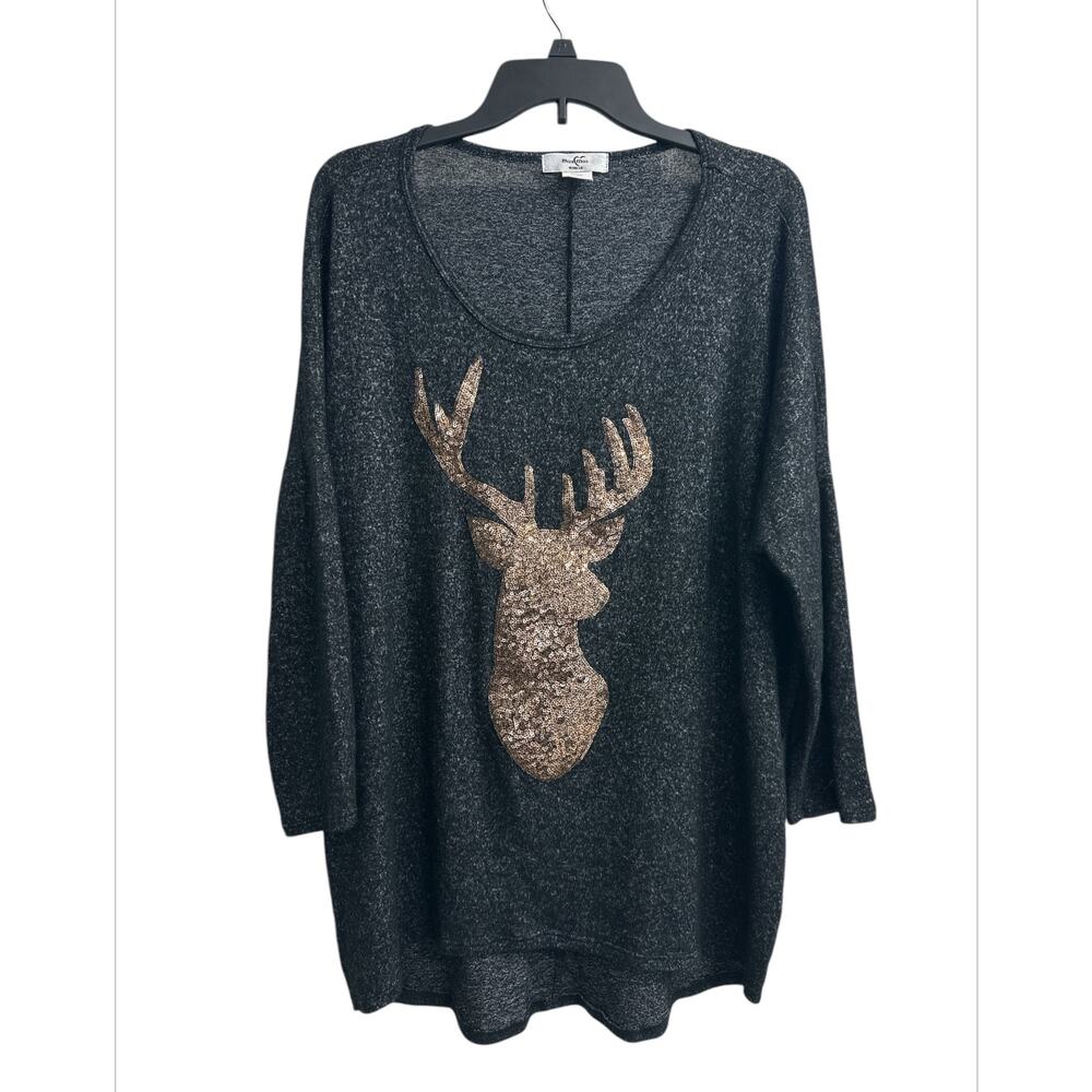 Moa Moa Woman Plus Size 1X Black Sweater Top Gold Sequins Reindeer Lagenlook